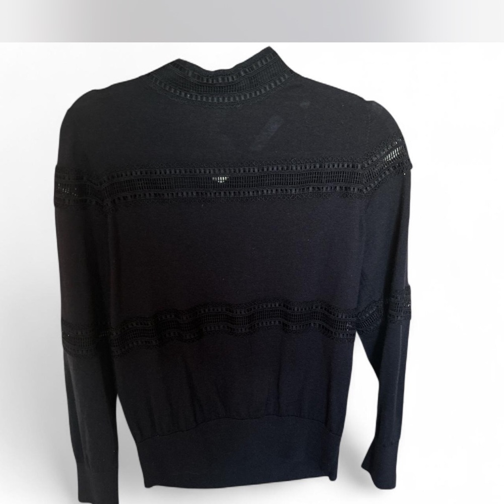 Sandro navy wool Sweater with lace and eyelet detailing and a button mock neck